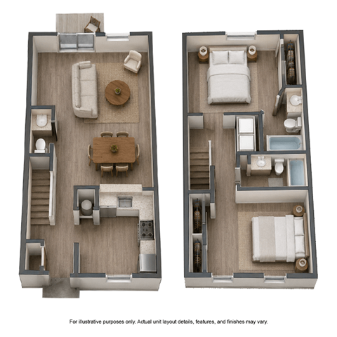 Floor plan for 2 beds, 2.5 baths, 1181 sqft
